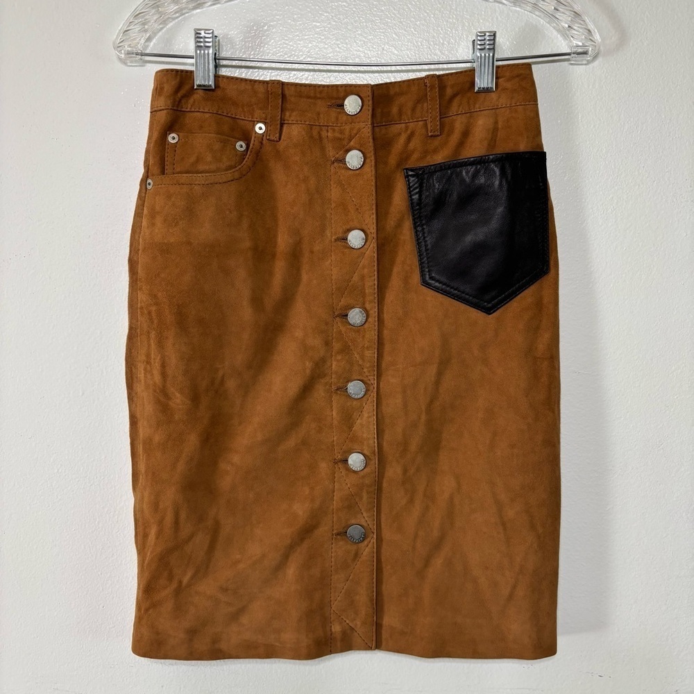 All Saints Tan Black Suede 100% Leather Button Front Pencil Skirt Size 4